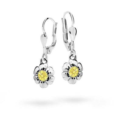Dětské visací náušnice Danfil kytičky C2151 z bílého zlata s kamínkem Yellow, zapínání klapka