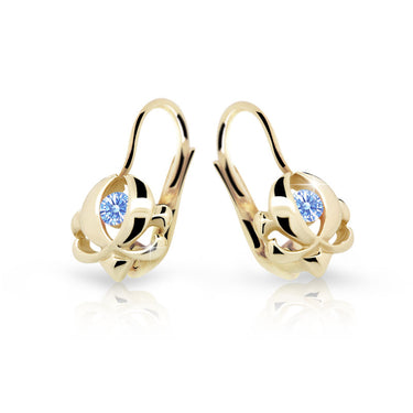 Dětské náušnice Danfil C2218 ze žlutého zlata s kamínkem Arctic Blue, zapínání klapka