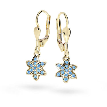 Dětské visací náušnice Danfil kytičky C2206 ze žlutého zlata s kamínky Arctic Blue, zapínání klapka