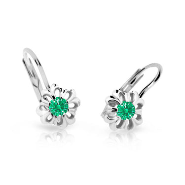 Dětské náušnice Danfil kytičky C2208 z bílého zlata s kamínkem Emerald Green, zapínání klapka