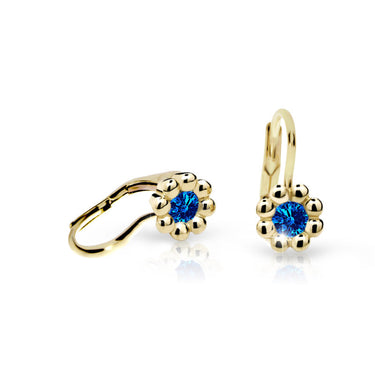 Dětské náušnice Danfil kytičky C2030 ze žlutého zlata s kamínkem Dark Blue, zapínání klapka