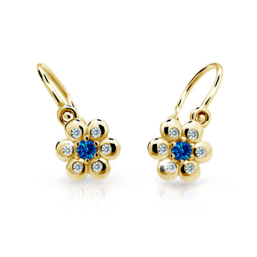 Dětské náušnice Danfil kytičky C2247 ze žlutého zlata s kamínkem Dark Blue, zapínání brizura