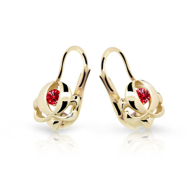 Dětské náušnice Danfil C2218 ze žlutého zlata s kamínkem Ruby Dark, zapínání klapka