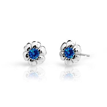 Dětské náušnice Danfil kytičky C2151 z bílého zlata s kamínkem Dark Blue, zapínání balónek