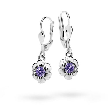 Dětské visací náušnice Danfil kytičky C2151 z bílého zlata s kamínkem Amethyst, zapínání klapka