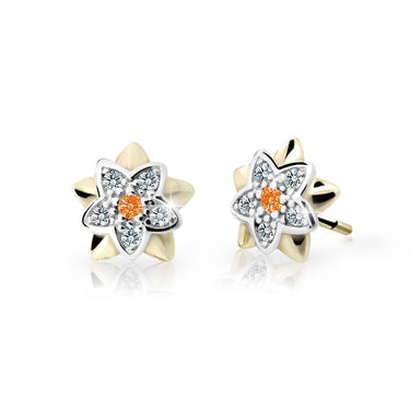Dětské náušnice Danfil kytičky C2210 ze žlutého zlata s kamínkem Orange, zapínání balónek
