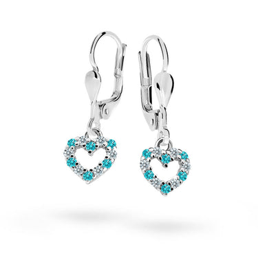 Dětské visací náušnice Danfil srdíčka C2157 z bílého zlata s kamínky Mint Green, zapínání klapka