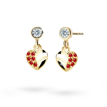 Dětské visací náušnice Danfil srdíčka C2160 ze žlutého zlata s kamínky Ruby Dark, zapínání balónek