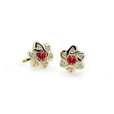 Dětské náušnice Danfil kytičky C2149 ze žlutého zlata s kamínky Ruby Dark, zapínání balónek