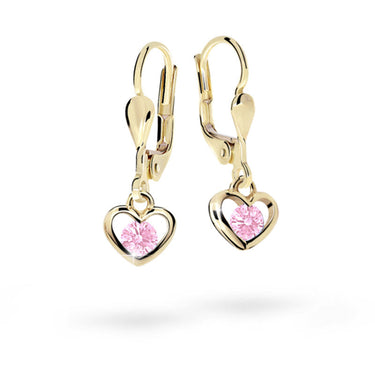 Dětské visací náušnice Danfil srdíčka C1943 ze žlutého zlata s kamínky Pink, zapínání klapka