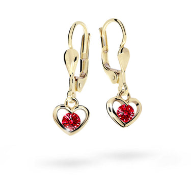 Dětské visací náušnice Danfil srdíčka C1943 ze žlutého zlata s kamínky Ruby Dark, zapínání klapka