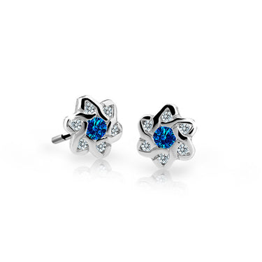 Dětské náušnice Danfil kytičky C2149 z bílého zlata s kamínky Dark Blue, zapínání puzeta