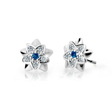 Dětské náušnice Danfil kytičky C2210 z bílého zlata s kamínky Dark Blue, zapínání puzeta