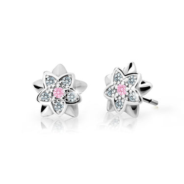 Dětské náušnice Danfil kytičky C2210 z bílého zlata s kamínky Pink, zapínání puzeta
