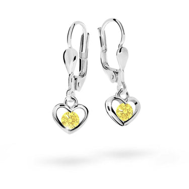 Dětské visací náušnice Danfil srdíčka C1943 z bílého zlata s kamínky Yellow, zapínání klapka