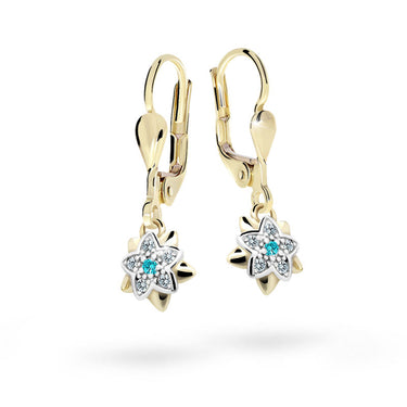 Dětské visací náušnice Danfil kytičky C2210 ze žlutého zlata s kamínky Mint Green, zapínání klapka