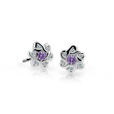 Dětské náušnice Danfil kytičky C2149 z bílého zlata s kamínky Amethyst, zapínání puzeta