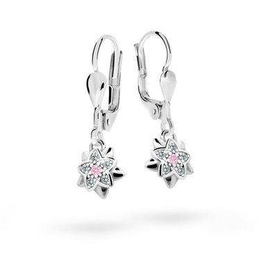 Dětské visací náušnice Danfil kytičky C2210 z bílého zlata s kamínky Pink, zapínání klapka