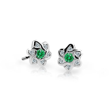 Dětské náušnice Danfil kytičky C2149 z bílého zlata s kamínky Emerald Green, zapínání balónek