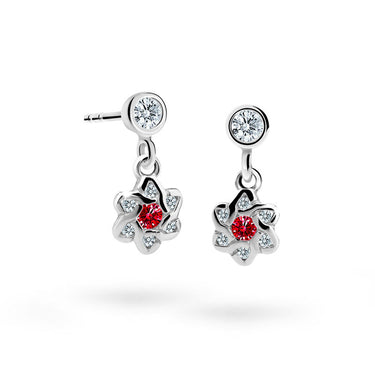 Dětské visací náušnice Danfil kytičky C2149 z bílého zlata s kamínky Ruby Dark, zapínání balónek
