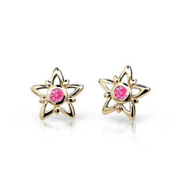 Dětské náušnice Danfil hvězdičky C1996 ze žlutého zlata s kamínky Tcf Red, zapínání balónek