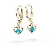 Dětské visací náušnice Danfil srdíčka C1943 ze žlutého zlata s kamínky Mint Green, zapínání klapka