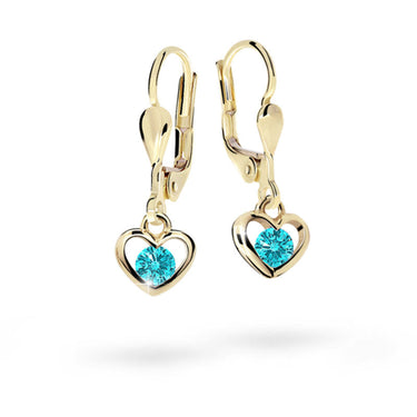 Dětské visací náušnice Danfil srdíčka C1943 ze žlutého zlata s kamínky Mint Green, zapínání klapka