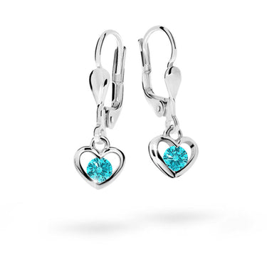 Dětské visací náušnice Danfil srdíčka C1943 z bílého zlata s kamínky Mint Green, zapínání klapka