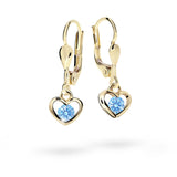 Dětské visací náušnice Danfil srdíčka C1943 ze žlutého zlata s kamínky Arctic Blue, zapínání klapka
