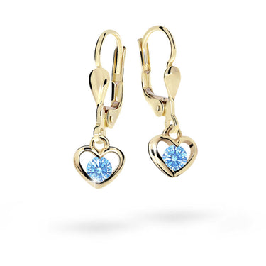 Dětské visací náušnice Danfil srdíčka C1943 ze žlutého zlata s kamínky Arctic Blue, zapínání klapka