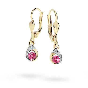 Dětské visací náušnice Danfil kapky C1898 ze žlutého zlata s kamínky Tcf Red, zapínání klapka