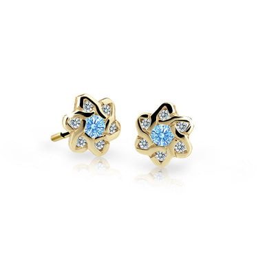 Dětské náušnice Danfil kytičky C2149 ze žlutého zlata s kamínky Arctic Blue, zapínání puzeta