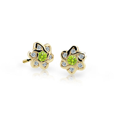 Dětské náušnice Danfil kytičky C2149 ze žlutého zlata s kamínky Peridot Green, zapínání puzeta