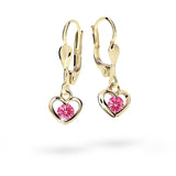 Dětské visací náušnice Danfil srdíčka C1943 ze žlutého zlata s kamínky Tcf Red, zapínání klapka