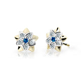 Dětské náušnice Danfil kytičky C2210 ze žlutého zlata s kamínky Dark Blue, zapínání puzeta