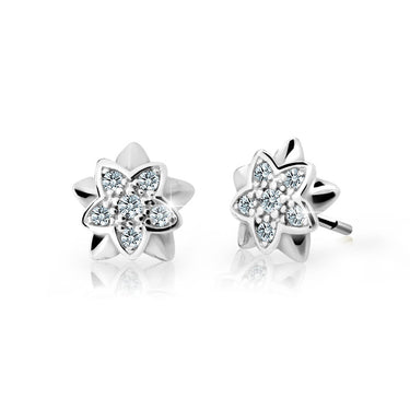 Dětské náušnice Danfil kytičky C2210 z bílého zlata s kamínky White, zapínání puzeta