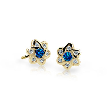 Dětské náušnice Danfil kytičky C2149 ze žlutého zlata s kamínky Dark Blue, zapínání puzeta
