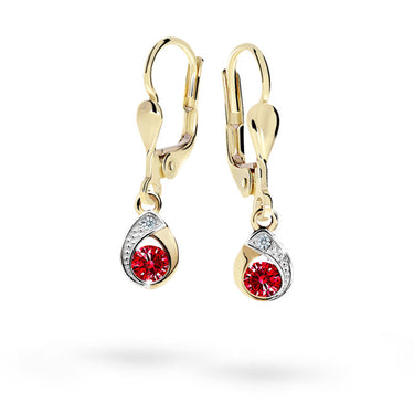 Dětské visací náušnice Danfil kapky C1898 ze žlutého zlata s kamínky Ruby Dark, zapínání klapka