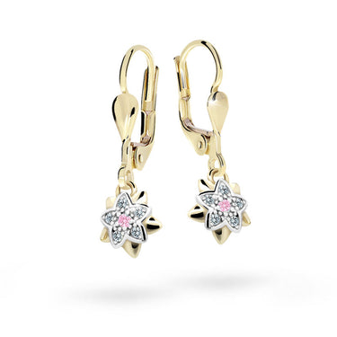 Dětské visací náušnice Danfil kytičky C2210 ze žlutého zlata s kamínky Pink, zapínání klapka