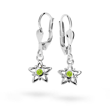 Dětské visací náušnice Danfil hvězdičky C1996 z bílého zlata s kamínky Peridot Green, zapínání klapka