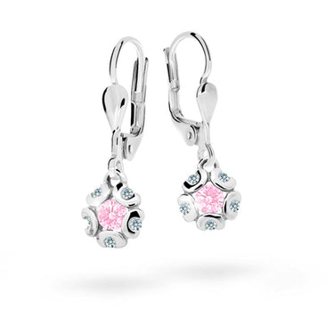Dětské visací náušnice Danfil kytičky C2178 z bílého zlata s kamínky Pink, zapínání klapka