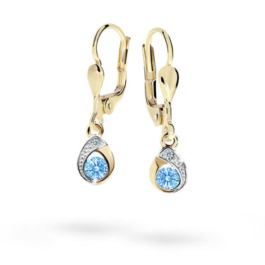 Dětské visací náušnice Danfil kapky C1898 ze žlutého zlata s kamínky Arctic Blue, zapínání klapka