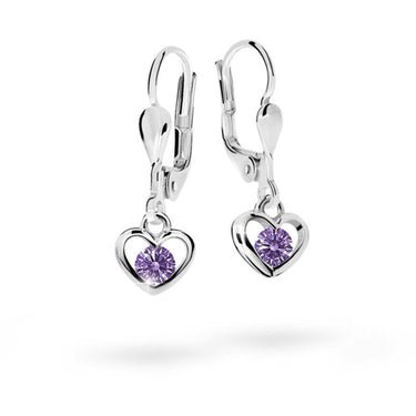 Dětské visací náušnice Danfil srdíčka C1943 z bílého zlata s kamínky Amethyst, zapínání klapka
