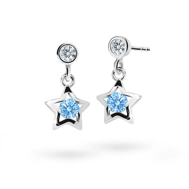 Dětské visací náušnice Danfil hvězdičky C1942 z bílého zlata s kamínky Arctic Blue, zapínání balónek