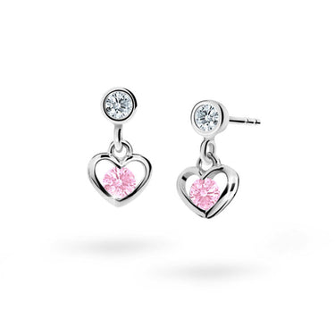 Dětské visací náušnice Danfil srdíčka C1943 z bílého zlata s kamínky Pink, zapínání balónek