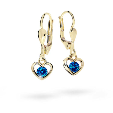 Dětské visací náušnice Danfil srdíčka C1943 ze žlutého zlata s kamínky Dark Blue, zapínání klapka