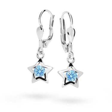 Dětské visací náušnice Danfil hvězdičky C1942 z bílého zlata s kamínky Arctic Blue, zapínání klapka