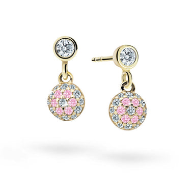 Dětské visací náušnice Danfil C2150 ze žlutého zlata s kamínky Pink, zapínání balónek