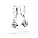 Dětské visací náušnice Danfil kytičky C2210 z bílého zlata s kamínky Dark Blue, zapínání klapka