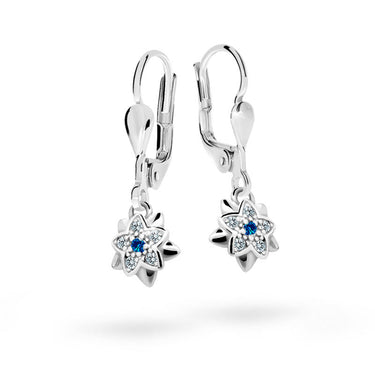 Dětské visací náušnice Danfil kytičky C2210 z bílého zlata s kamínky Dark Blue, zapínání klapka
